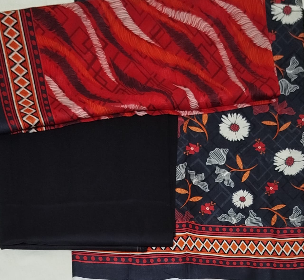 ZESH 3PC BLACK RED LAWN DUPTTA