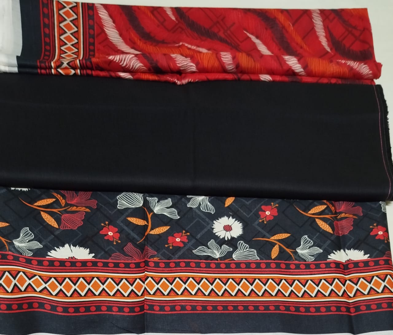 ZESH 3PC BLACK RED LAWN DUPTTA