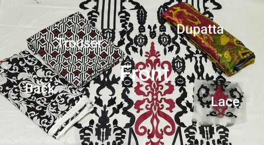 3 PC BLACK WHITE SILK DUPATTA EMBROIDRY SUIT