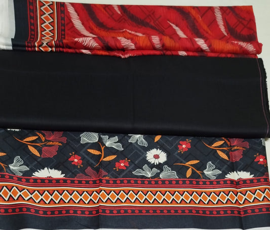 ZESH 3PC BLACK RED LAWN DUPTTA